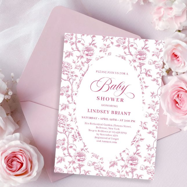 Luxury Dusty Rose Floral Toile Baby Shower Invite (Luxury Dusty Rose Floral Toile Baby Shower Invitation)