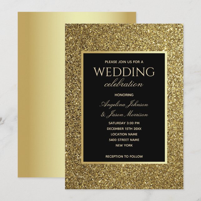 Luxury Elegant Black and Gold Wedding Invitation (Front/Back)