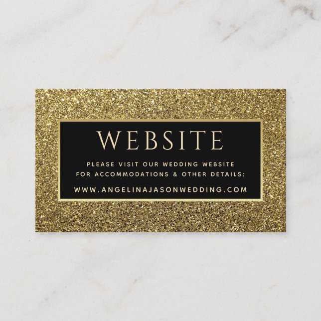 Luxury Elegant Black Glitter Gold Wedding Website Enclosure Card (Front)