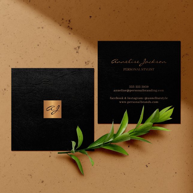 Luxury elegant black leather copper gold monogram square business card (Creator Uploaded)