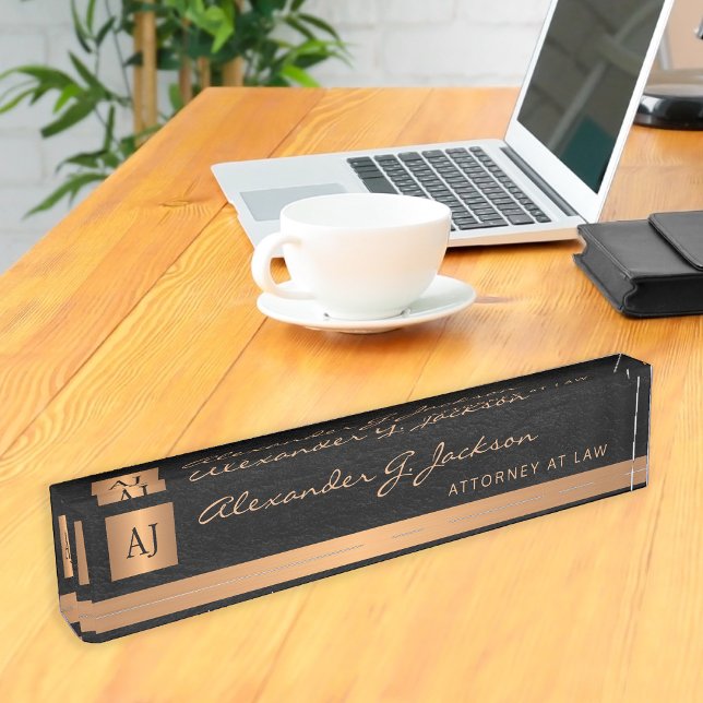 Luxury elegant black leather gold monogram lawyer nameplate (Creator Uploaded)