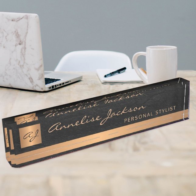 Luxury elegant black leather gold monogrammed nameplate (Creator Uploaded)