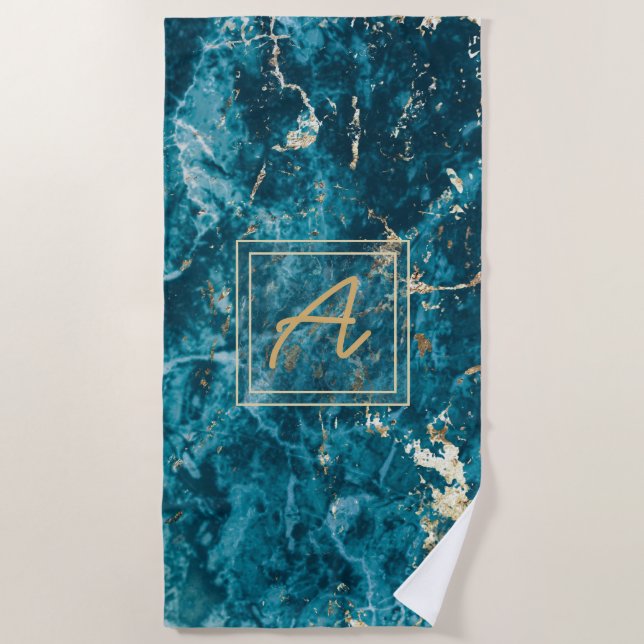 Luxury Elegant Blue Gold Marble Effect Monogram  Beach Towel (Front)