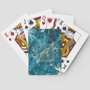 Luxury Elegant Blue Gold Marble Effect Monogram  Playing Cards