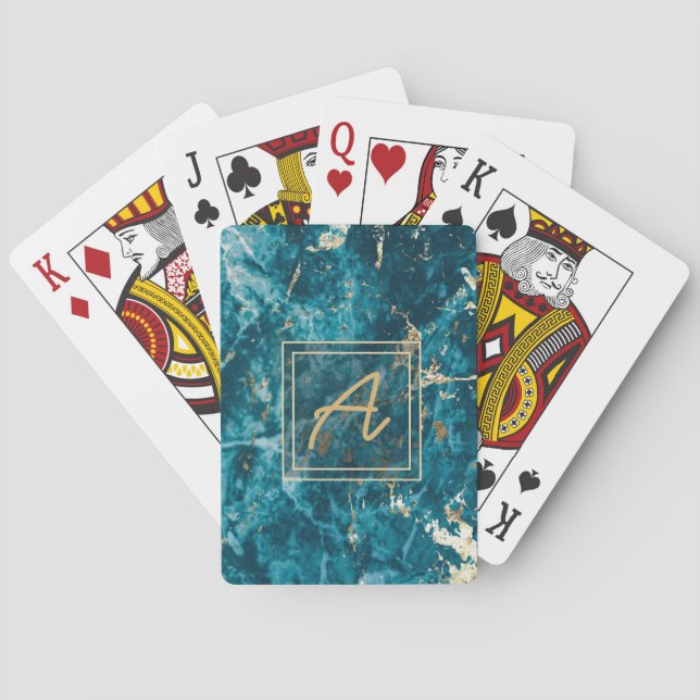 Luxury Elegant Blue Gold Marble Effect Monogram  Playing Cards (Back)