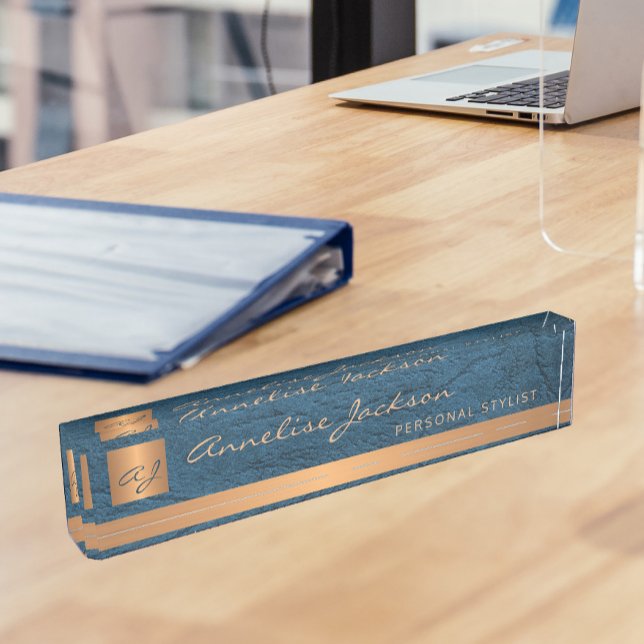 Luxury elegant blue leather gold monogrammed nameplate (Creator Uploaded)