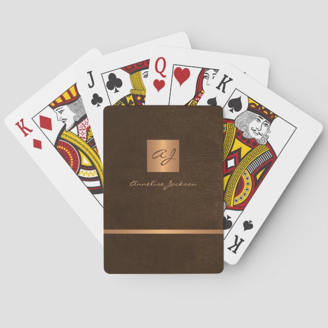 Luxury elegant brown and gold monogrammed modern playing cards (Back)