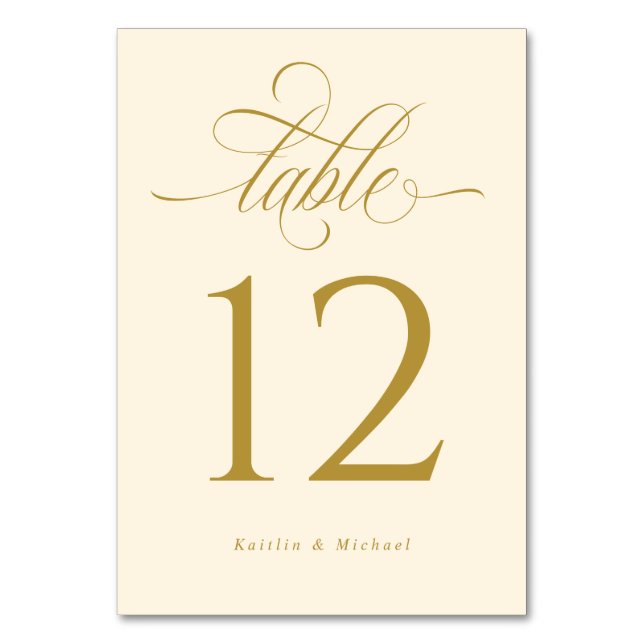 Luxury Elegant Cream and Gold Calligraphy Wedding Table Number (Front)