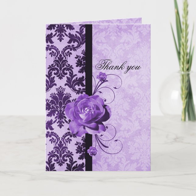 Luxury Elegant Damask  Purple Rose Thank you card (Front)