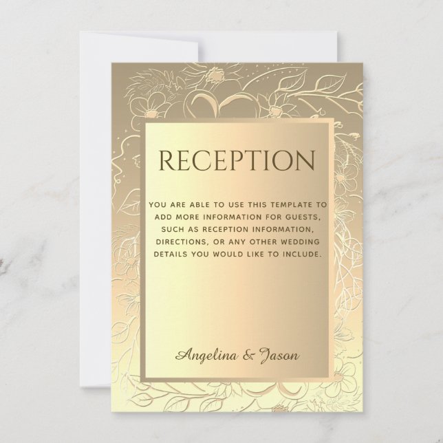 Luxury Elegant Floral Gold Wedding Reception Card (Front)