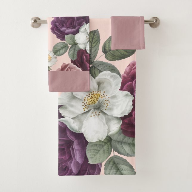 Luxury elegant Florals Roses Purple Bath Towel Set (Insitu)