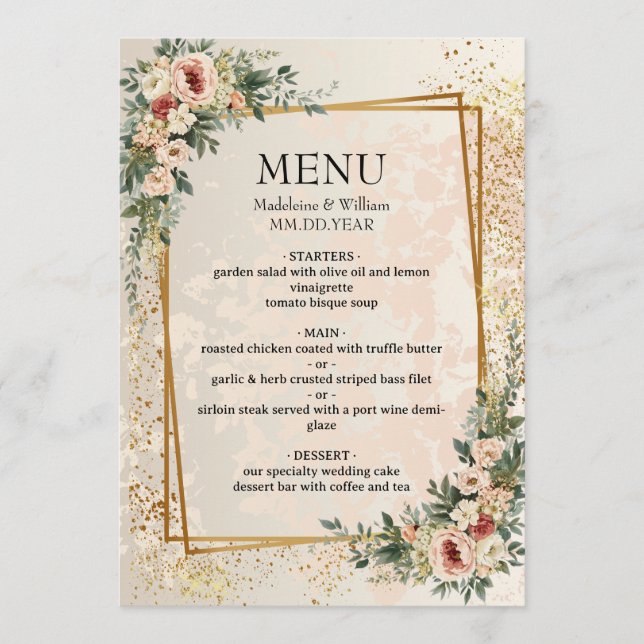 Luxury Elegant Garden Flowers Wedding  Menu (Front)