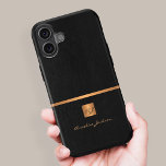 Luxury elegant gold black monogram name iPhone 16 case<br><div class="desc">Classy exclusive looking office or personal monogrammed phone case featuring a faux copper metallic gold glitter square with your monogram name initials and a sparkling stripe over a stylish black faux leather background. Suitable for small business, corporate or independant business professionals, personal branding or stylists specialists, makeup artists or beauty...</div>