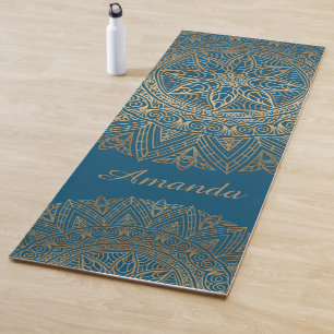 Luxury Elegant Gold Blue Mandala Design Name Yoga Mat