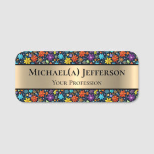 Luxury Elegant Gold & Colourful Chic Floral Patter Name Tag