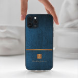 Luxury elegant gold glitter blue monogrammed Case-Mate iPhone case<br><div class="desc">Classy exclusive looking office or personal monogrammed phone case featuring a faux copper metallic gold glitter square with your monogram name initials and a sparkling stripe over a stylish classic blue faux leather background. Suitable for small business, corporate or independant business professionals, personal branding or stylists specialists, makeup artists or...</div>
