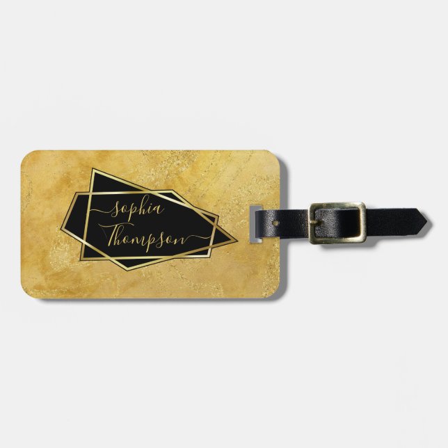 Luxury Elegant Gold Glitter Marble Script Luggage Tag (Front Horizontal)