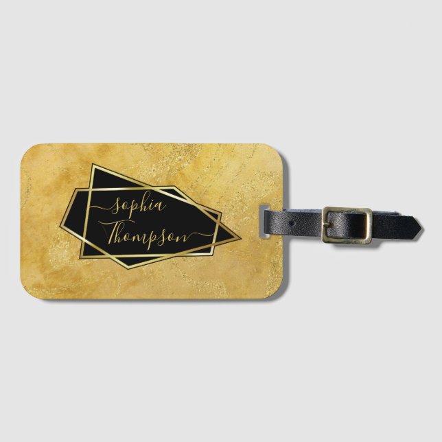 Luxury Elegant Gold Glitter Marble Script Luggage Tag (Front Horizontal)