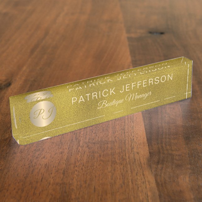 Luxury elegant gold glitter steel monogrammed nameplate (Side)