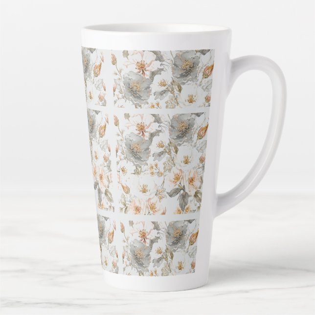 Luxury, Elegant, Gold Grey Flowers Pattern  Latte Mug (Right)