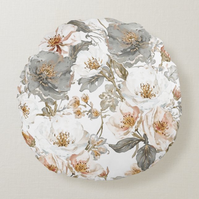 Luxury, Elegant, Gold Grey Flowers Pattern  Round Cushion (Front)
