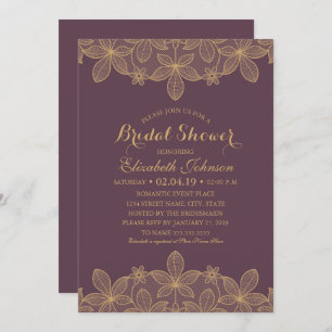 Luxury Elegant Gold Lace Plum Purple Bridal Shower Invitation