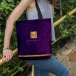 Luxury elegant gold modern purple monogrammed tote bag<br><div class="desc">Classy exclusive looking office or personal monogrammed tote bag featuring a faux copper metallic gold glitter square with your monogram name initials and a sparkling stripe over a stylish purple faux leather look background. Suitable for small business, corporate or independant business professionals, personal branding or stylists specialists, makeup artists or...</div>