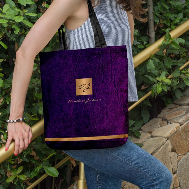 Luxury elegant gold modern purple monogrammed tote bag (Creator Uploaded)