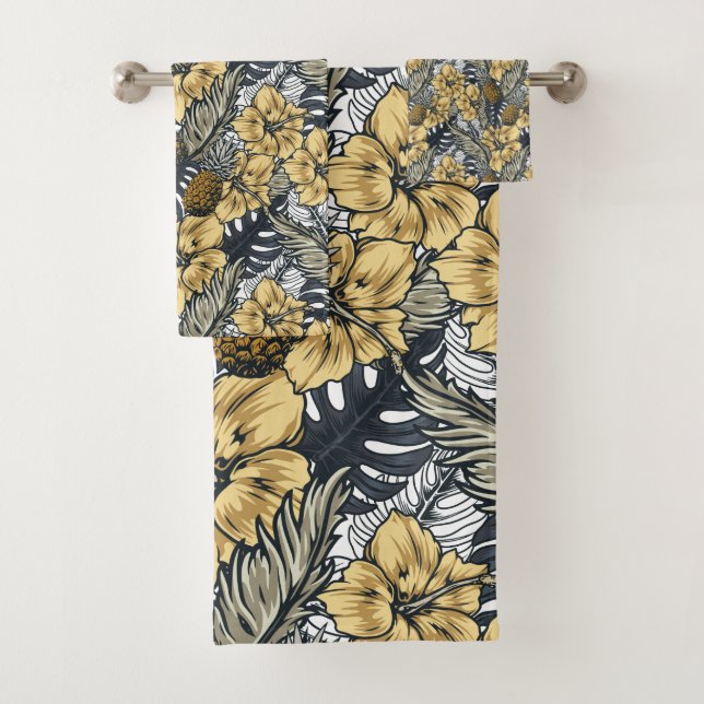Luxury Elegant Gold N' Black Tropical Flowers Bath Towel Set (Insitu)