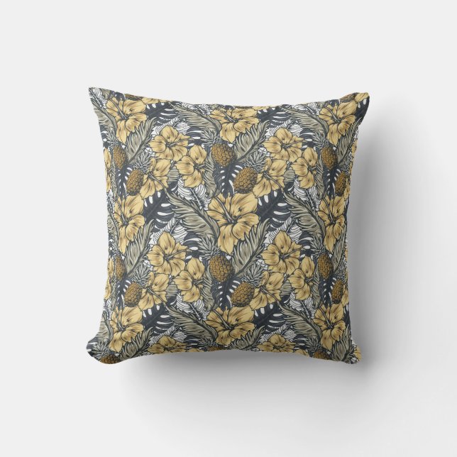 Luxury Elegant Gold N' Black Tropical Flowers Cushion (Front)