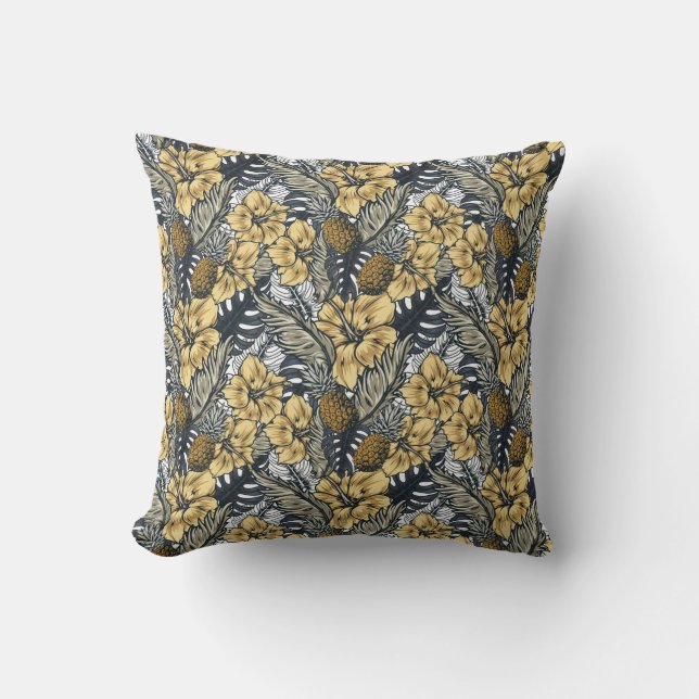 Luxury Elegant Gold N' Black Tropical Flowers Cushion (Front)