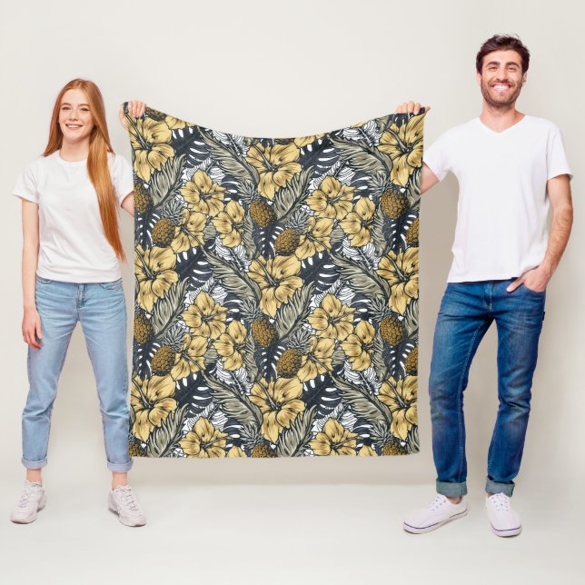 Luxury Elegant Gold N' Black Tropical Flowers Fleece Blanket (In Situ)