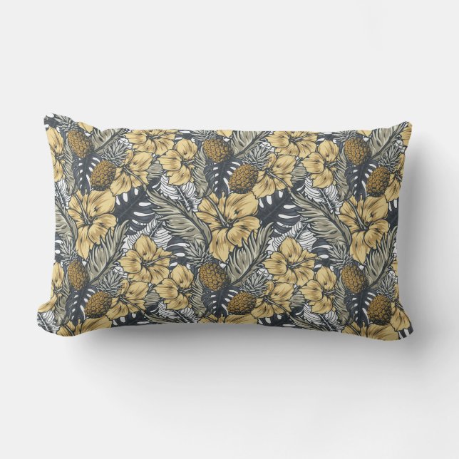 Luxury Elegant Gold N' Black Tropical Flowers Lumbar Cushion (Front)