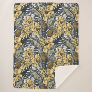 Luxury Elegant Gold N' Black Tropical Flowers Sherpa Blanket