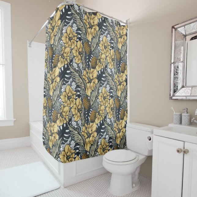Luxury Elegant Gold N' Black Tropical Flowers Shower Curtain (In Situ)