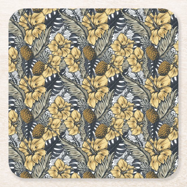 Luxury Elegant Gold N' Black Tropical Flowers Square Paper Coaster (Front)