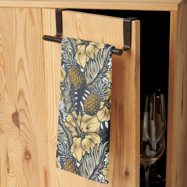 Luxury Elegant Gold N' Black Tropical Flowers Tea Towel (Thirds Fold)
