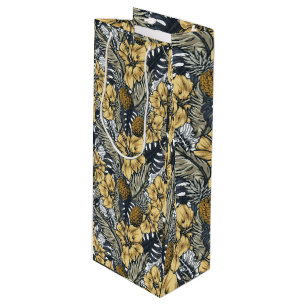 Luxury Elegant Gold N' Black Tropical Flowers Wine Gift Bag