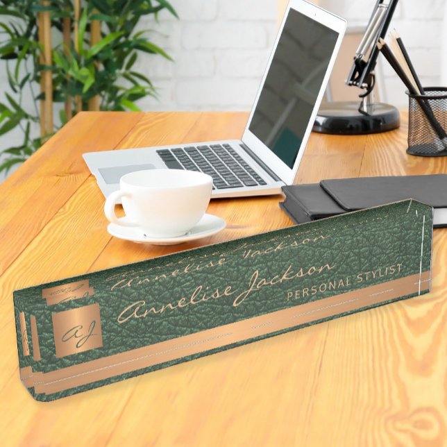 Luxury elegant green leather gold monogrammed nameplate (Creator Uploaded)