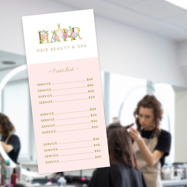 Luxury elegant hair salon pink gold service menu (Creator Uploaded)