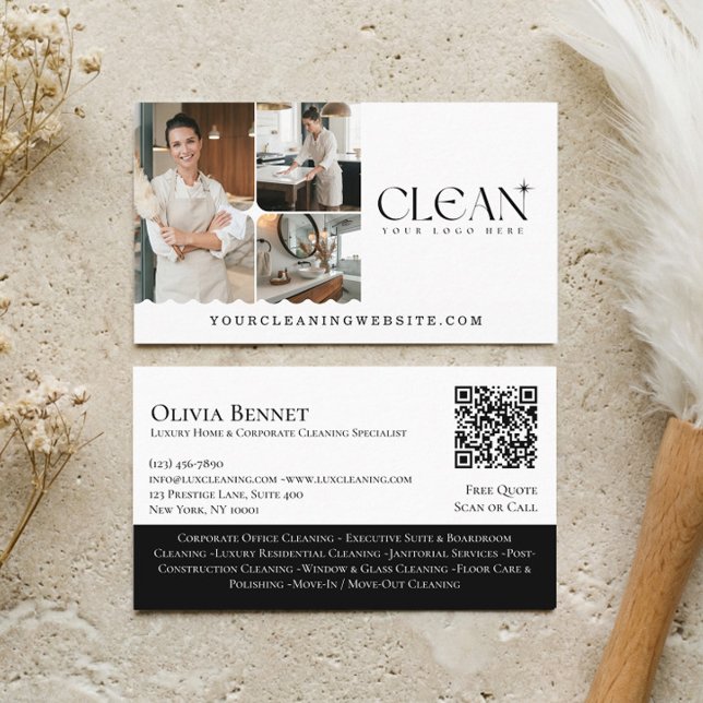 Luxury Elegant Maid House Cleaning Photo QR Code Business Card (Luxury Elegant Maid House Cleaning Photo QR Code Business Card)