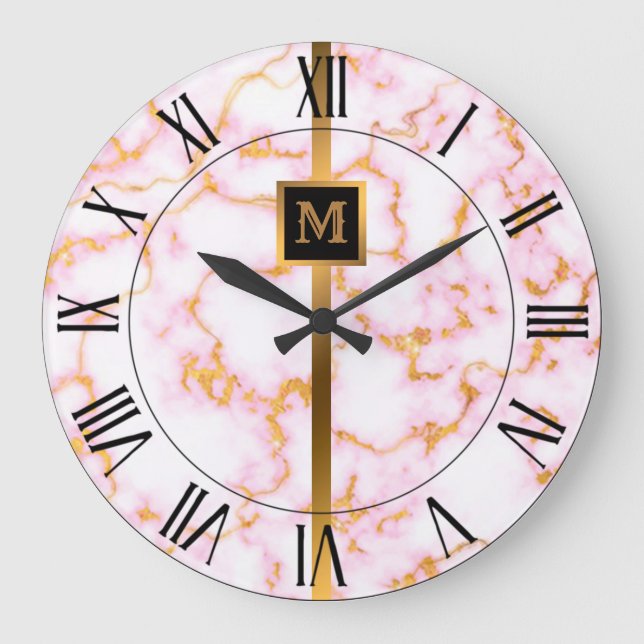 Luxury Elegant Modern Black Gold Marble Large Clock (Front)