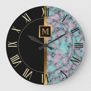 Luxury Elegant Modern Black Gold Marble Large Clock