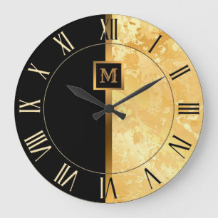 Luxury Elegant Modern Black Gold Marble Large Clock