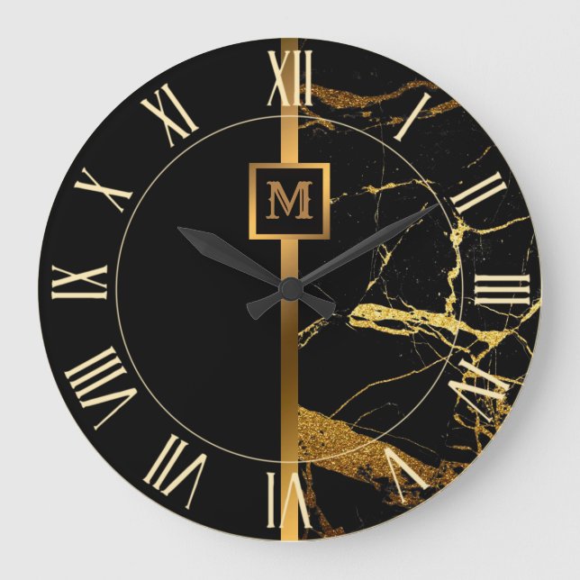 Luxury Elegant Modern Black Gold Marble Large Clock (Front)