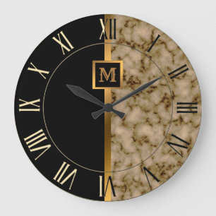 Luxury Elegant Modern Black Gold Marble Large Clock