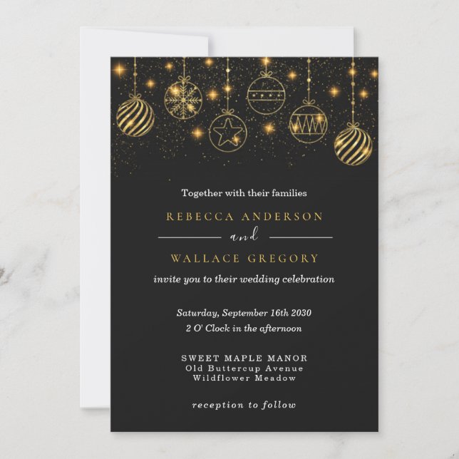 Luxury Elegant Modern Holiday Gold Black Baubles Invitation (Front)