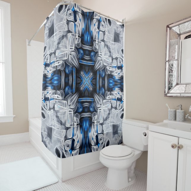 Luxury elegant, navy blue, grey, white pattern shower curtain (In Situ)