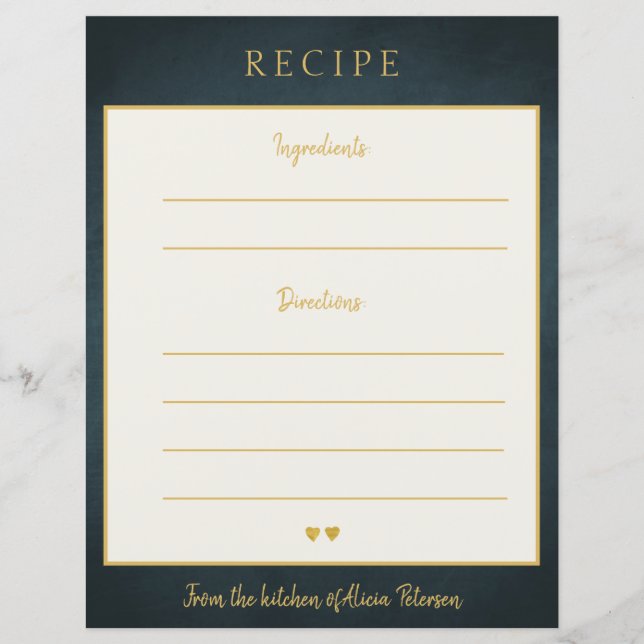 Luxury elegant navy gold typography recipe card (Front)
