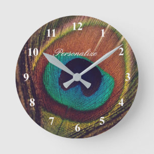 Luxury elegant peacock feather eye photo custom round clock